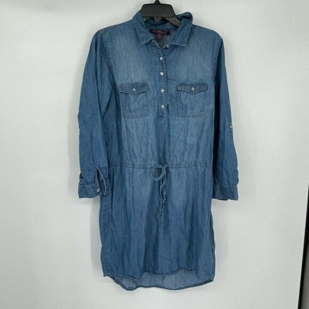 Gloria Vanderbilt Dress Medium Womens Blue Shirt Dress Drawstring Roll Tab Knit